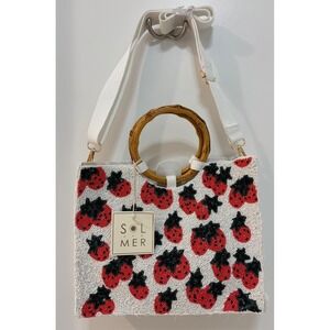 Sol and Mer Strawberry‎ Beaded Handbag Tote Purse Bamboo Handle Strap